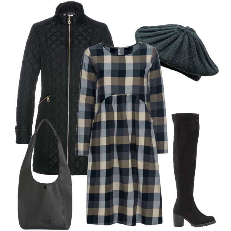 Outfit donna - Il vestito a quadri. Stile Casual chic per Serata fuori. Abbinamento con blazer, vestiti, stivali sopra il ginocchio, borse a spalla, cappelli e berretti.