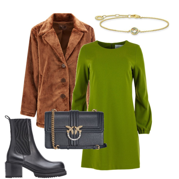 Outfit donna - Verde speranza. Stile Trendy per Tutti i giorni. Abbinamento con borse a tracolla, stivaletti chelsea, cappotti, vestiti midi/longuette, braccialetti.