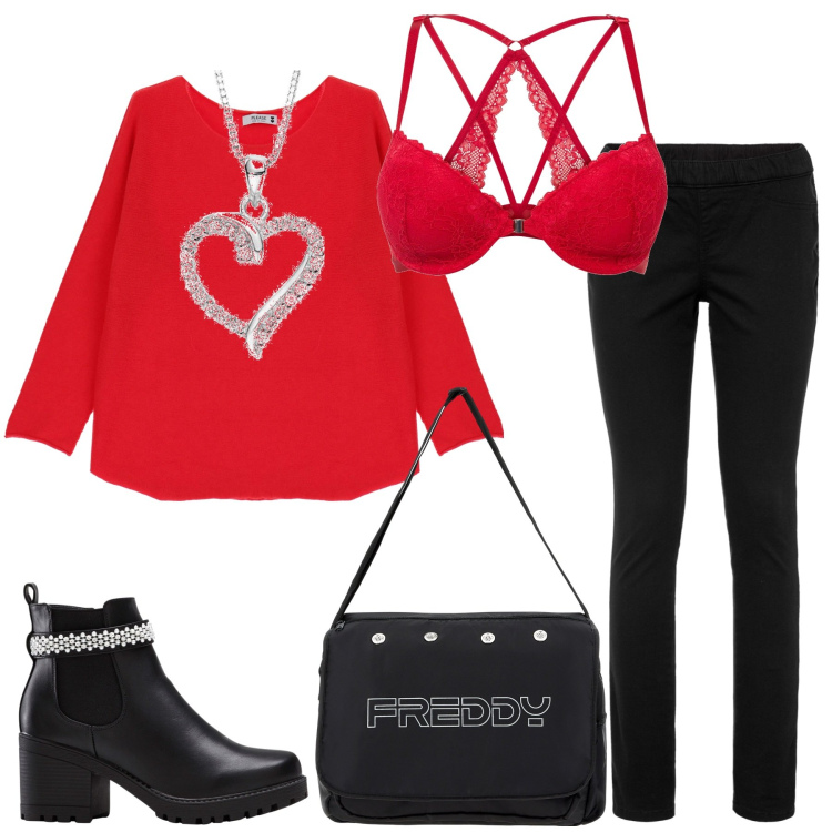Outfit donna - Comfy e carina. Stile Sporty chic per Tutti i giorni. Abbinamento con jeggings, reggiseni, stivaletti, maglieria, borse messenger, collane.