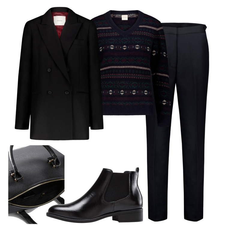 Outfit donna - In ufficio. Stile Mannish per Ufficio. Abbinamento con stivaletti chelsea, borse a mano, pantaloni, maglieria, blazer.