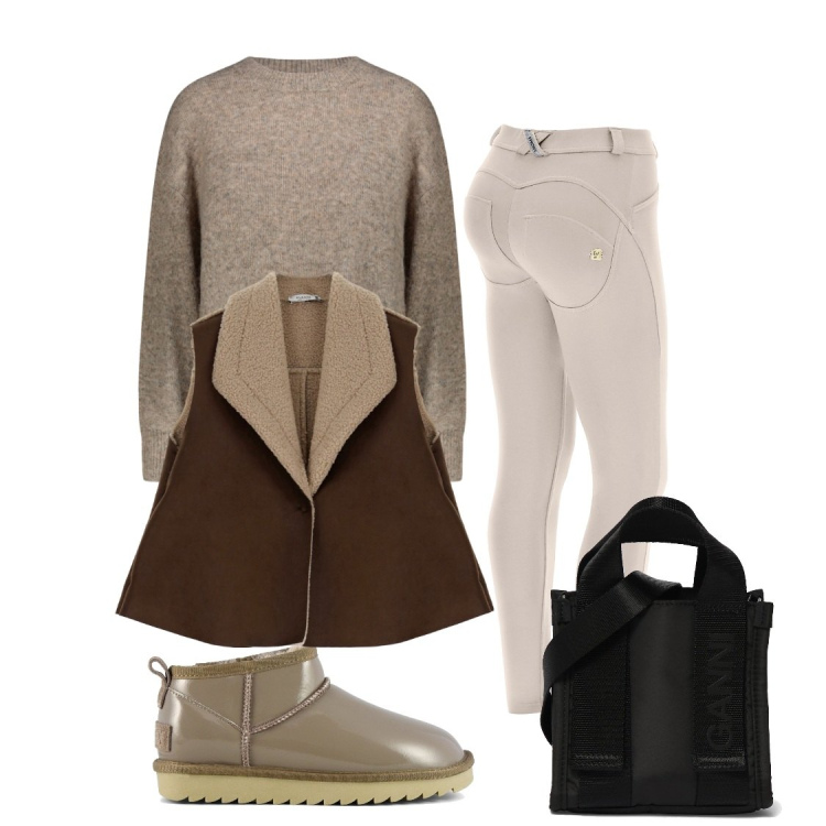 Outfit donna - A passeggio. Stile Casual chic per Tutti i giorni. Abbinamento con gilet, pantaloni skinny, stivali, maglieria, shopping bag.