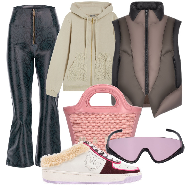 Outfit donna - Una gita. Stile Casual chic per Tutti i giorni. Abbinamento con sneakers, felpe con cappuccio, pantaloni, piumini, shopping bag, occhiali da sole.