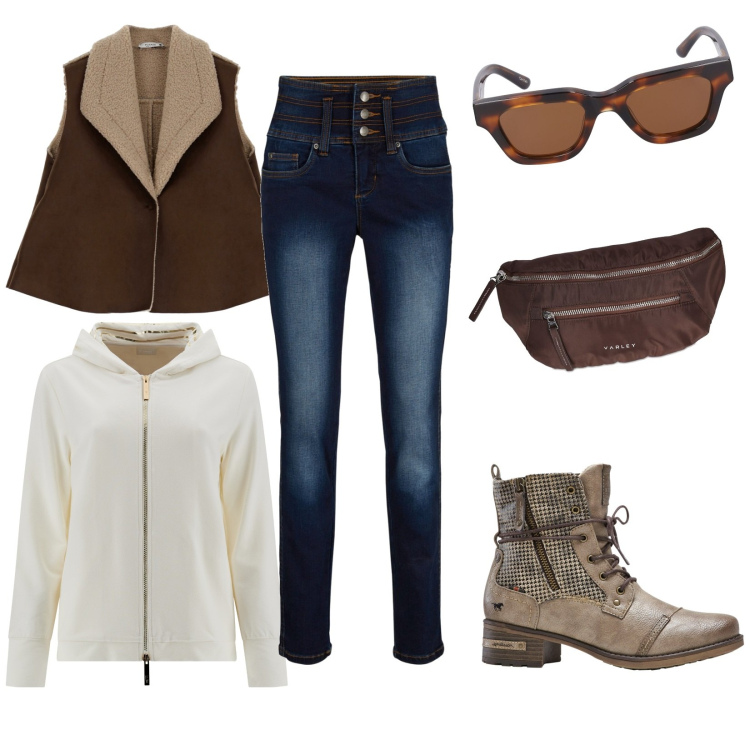 Outfit donna - Casual per Tutti i giorni. Stile Casual per Tutti i giorni. Abbinamento con jeans, stivaletti, gilet, felpe con cappuccio, occhiali da sole, marsupi.