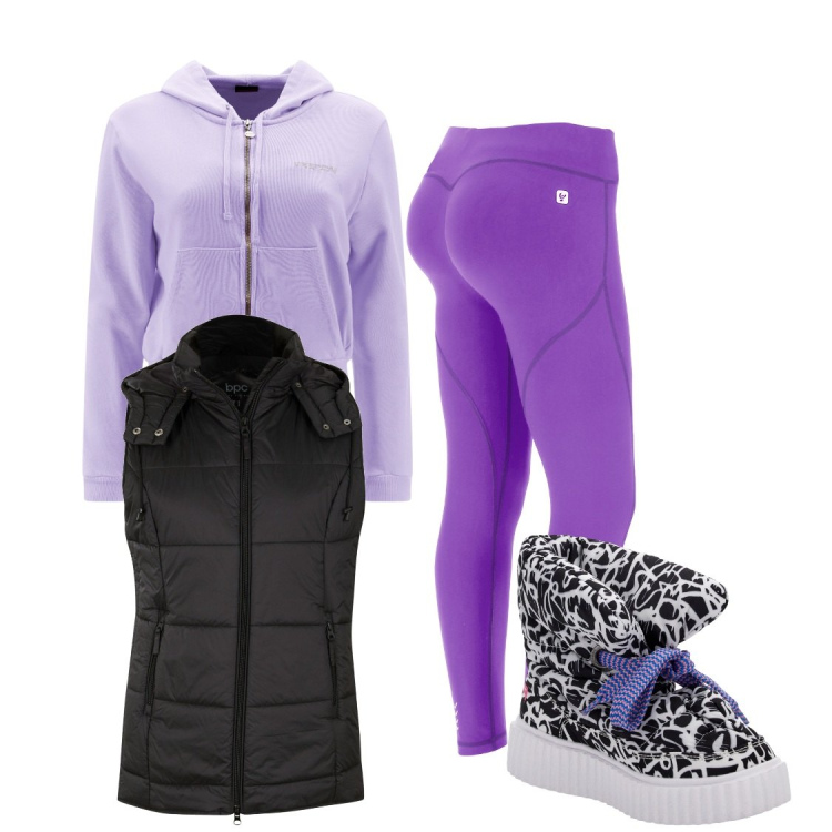 Outfit donna - Total look #1789765. Stile Sporty chic per Tutti i giorni. Abbinamento con gilet, stivali, leggings, felpe con cappuccio.