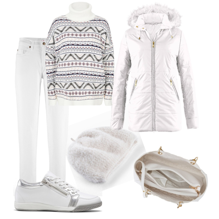 Outfit donna - Bianco abbagliante. Stile Casual per Tutti i giorni. Abbinamento con jeans mom, giacche, maglieria, sneakers, borse a mano, cappelli e berretti.