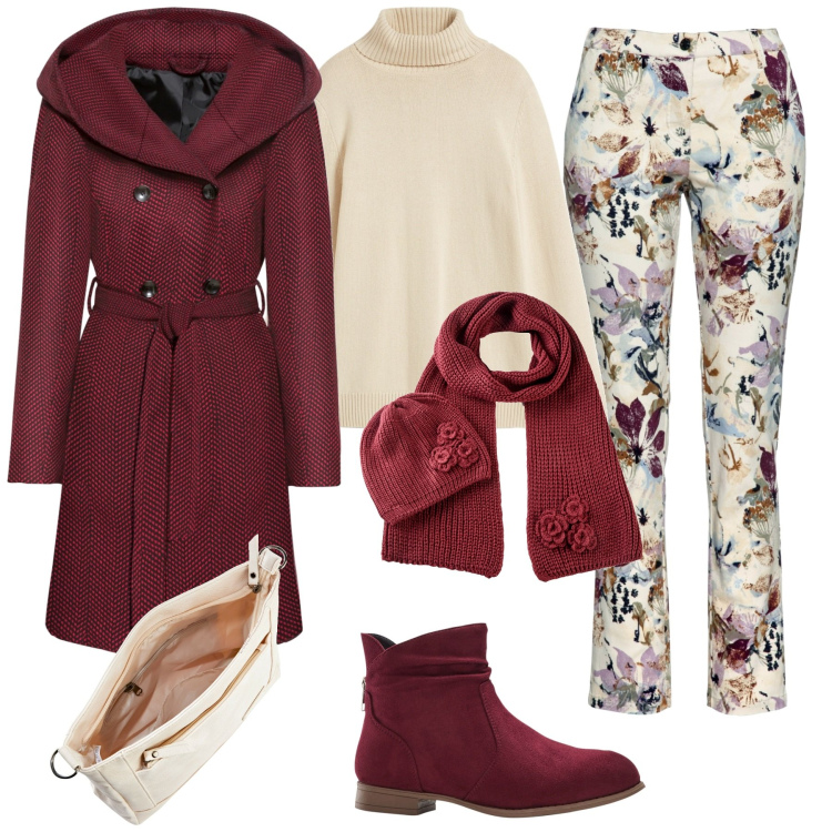 Outfit donna - Cappotto bordeaux. Stile Casual chic per Tutti i giorni. Abbinamento con pantaloni, cappotti, maglieria, sciarpe, stivaletti, borse a tracolla.