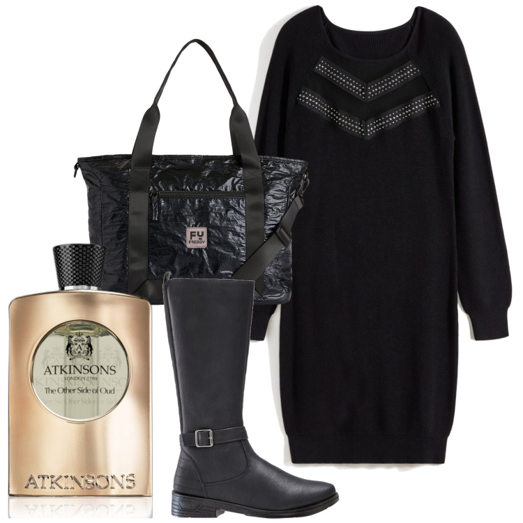 Outfit donna - Black and parfum. Stile Urban per Tutti i giorni. Abbinamento con stivali, vestiti, profumi, borse tote.