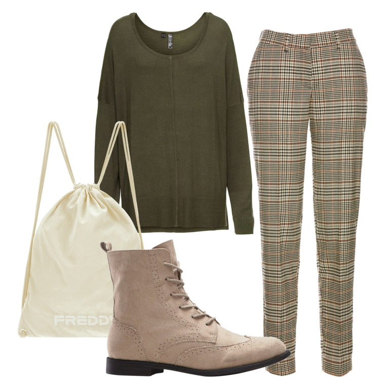 Outfit donna - Pratica. Stile Urban per Tutti i giorni. Abbinamento con maglieria, pantaloni, stivaletti, zaini.