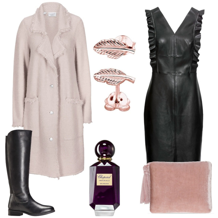 Outfit donna - Total look #1789782. Stile Rock per Serata fuori. Abbinamento con vestiti, cardigans, stivali, profumi, pochette, orecchini.