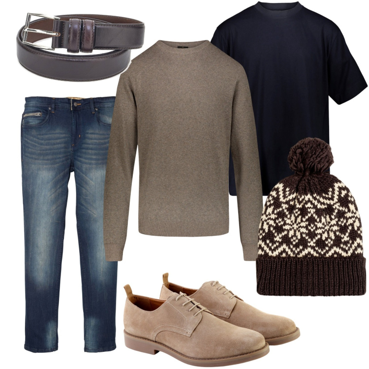 Outfit uomo - Total look #1789793. Stile Casual per Tutti i giorni. Abbinamento con jeans slim fit, scarpe stringate, maglieria, t-shirt, berretti, cinture.
