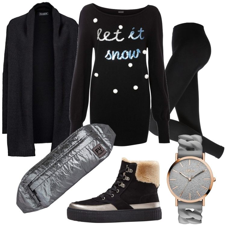 Outfit donna - Orologio grigio. Stile Casual per Tutti i giorni. Abbinamento con cardigans, stivaletti, maglieria, leggings, marsupi, orologi.