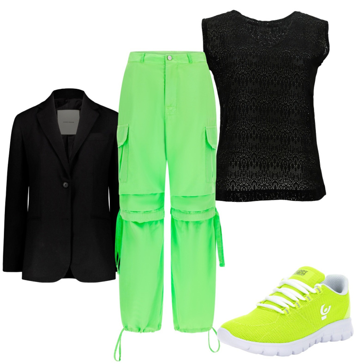 Outfit donna - Black and fluo. Stile Casual chic per Serata fuori. Abbinamento con t-shirt, pantaloni cargo, sneakers, blazer.