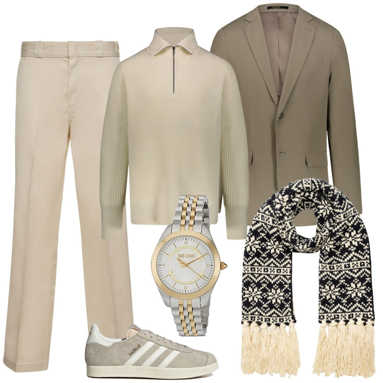 Outfit uomo - Casual chic colori chiari. Stile Trendy per Serata speciale. Abbinamento con sciarpe, maglieria, abiti, orologi, pantaloni, sneakers.