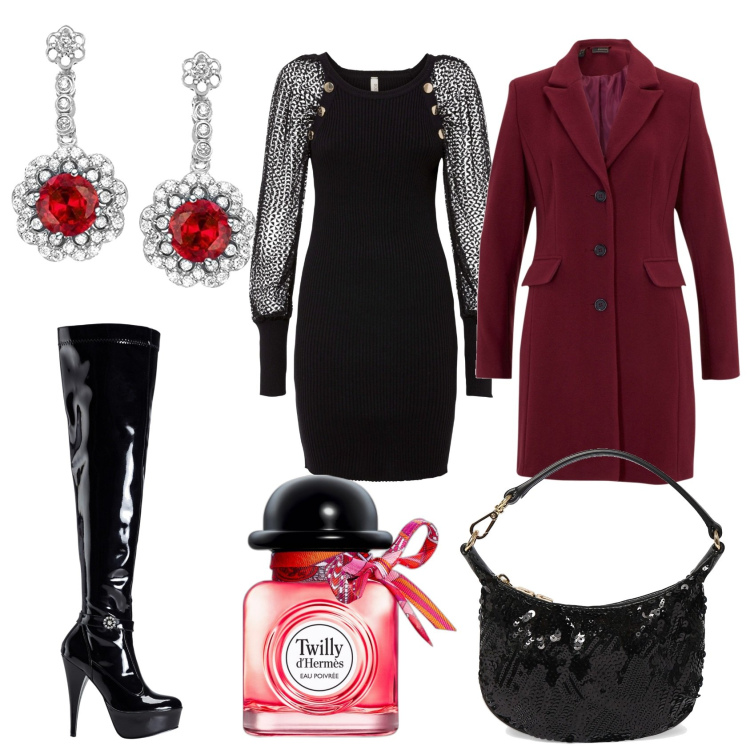 Outfit donna - So Chic. Stile Chic per Serata fuori. Abbinamento con cintura, cappotti, stivali sopra il ginocchio, profumi, pochette, ciondoli.