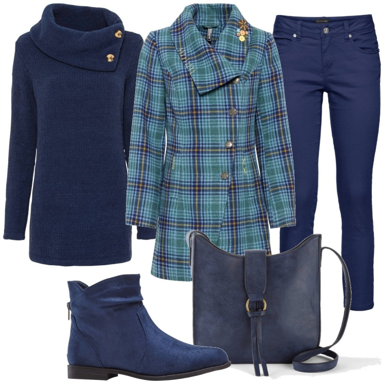 Outfit donna - Tartan blu. Stile Casual per Tutti i giorni. Abbinamento con maglieria, stivaletti, cappotti, pantaloni, borse a tracolla.