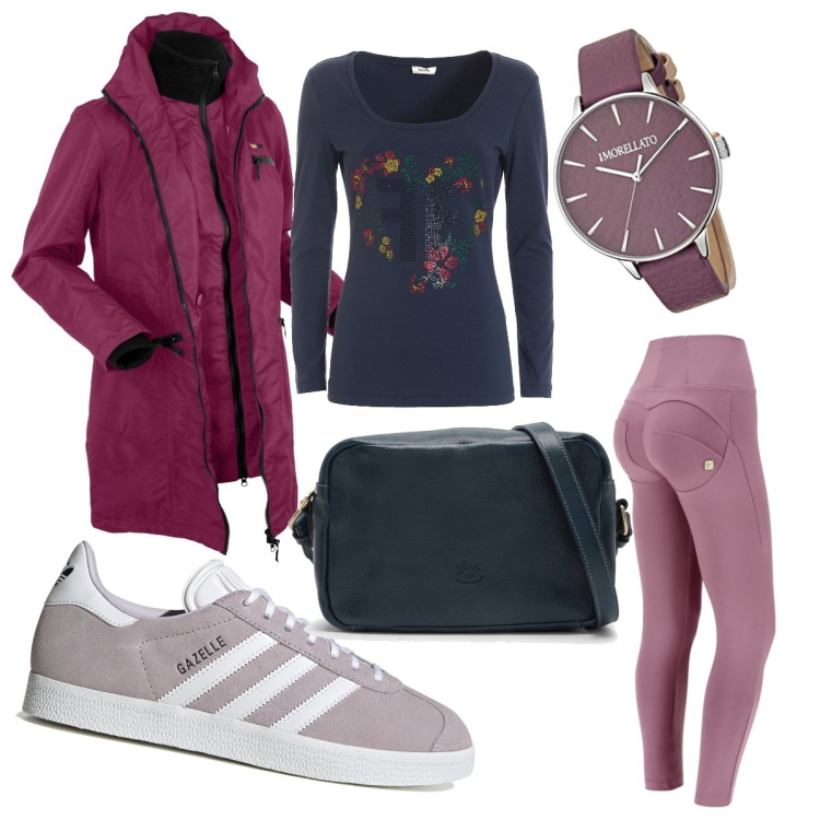 Outfit donna - Un po\'di moto all\'aria aperta. Stile Sporty chic per Tutti i giorni. Abbinamento con blazer, t-shirt, pantaloni skinny, sneakers, orologi, borse a tracolla.