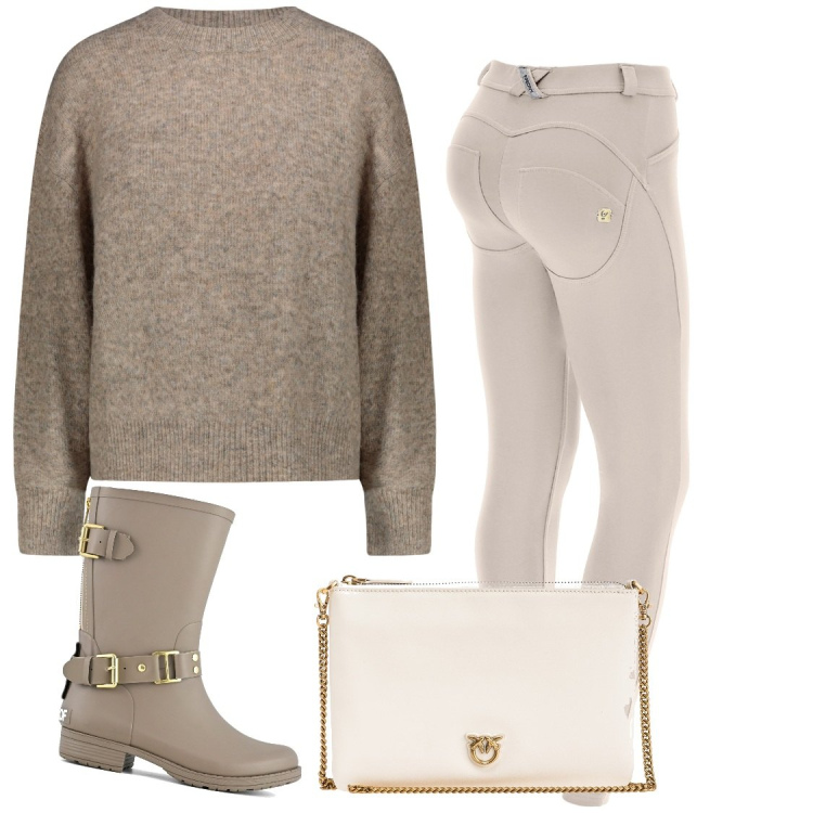 Outfit donna - Beige. Stile Basic per Scuola/Università. Abbinamento con borse a tracolla, pantaloni skinny, maglieria, stivali.