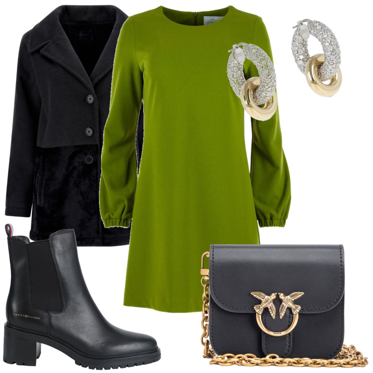 Outfit donna - In riunione e dopo pranzo. Stile Trendy per Tutti i giorni. Abbinamento con stivaletti chelsea, borse a tracolla, cappotti, vestiti midi/longuette, orecchini.
