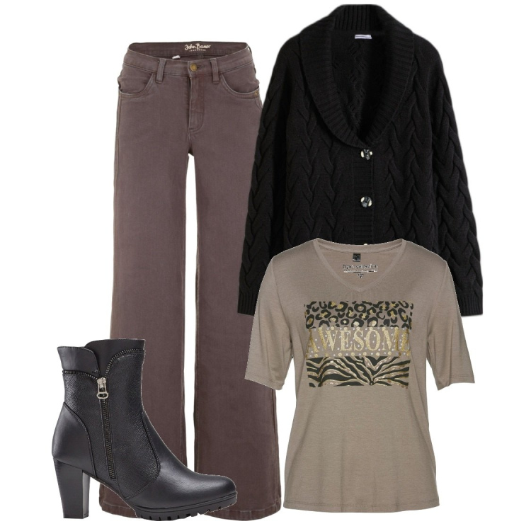 Outfit donna - Total look #1789891. Stile Casual per Scuola/Università. Abbinamento con cardigans, jeans, t-shirt, stivaletti.