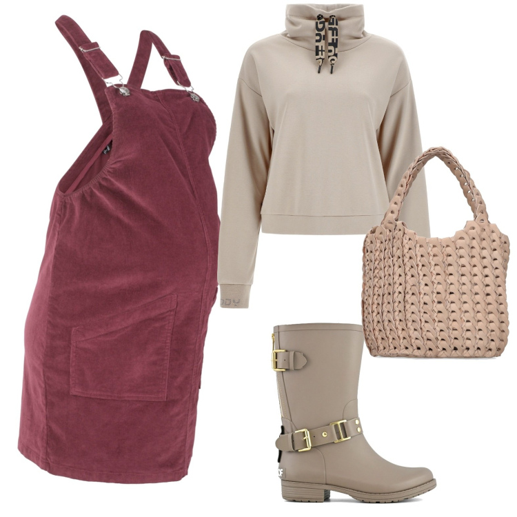 Outfit donna - Total look #1789902. Stile Casual per Tutti i giorni. look ideale per Premaman. Abbinamento con salopette, maglieria, stivali, borse a mano.