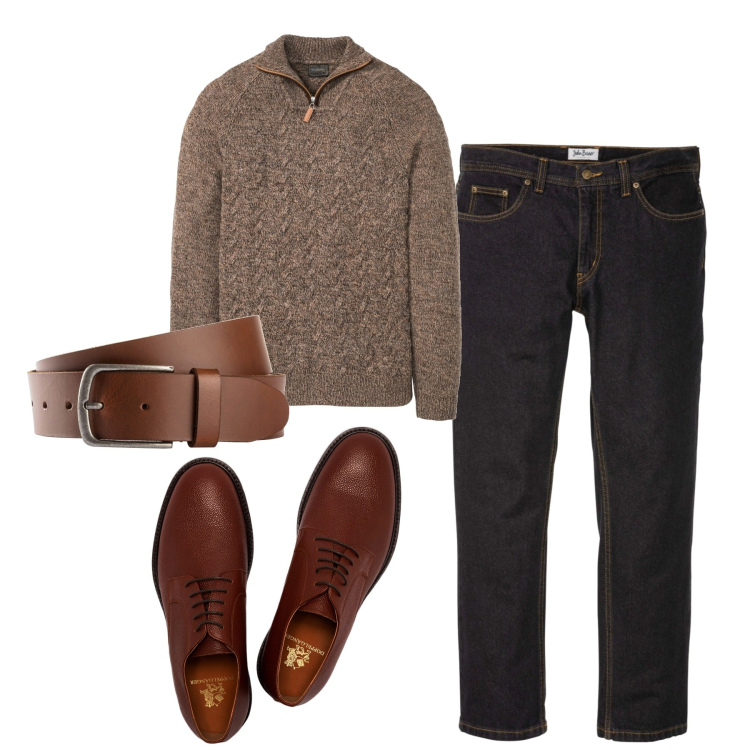 Outfit uomo - Cuciture marroni. Stile Urban per Tutti i giorni. Abbinamento con maglieria, jeans dritti, cinture, scarpe stringate.