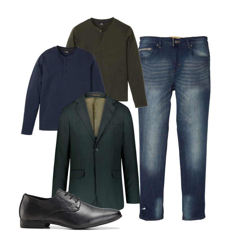 Outfit uomo - Verde o blu. Stile Urban per Tutti i giorni. Abbinamento con scarpe stringate, jeans slim fit, maglieria, giacche.