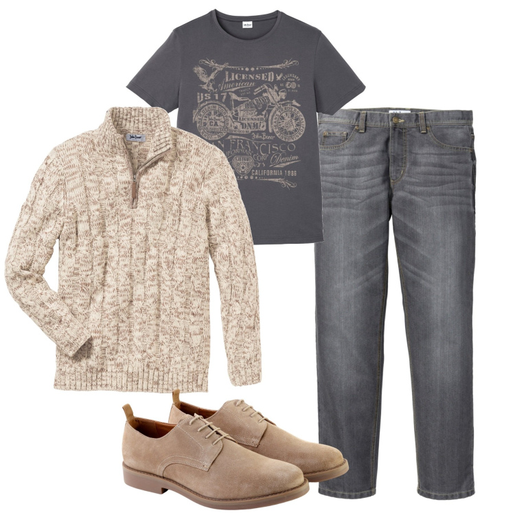 Outfit uomo - Il pull a zip. Stile Urban per Tutti i giorni. Abbinamento con maglieria, jeans dritti, t-shirt, scarpe stringate.