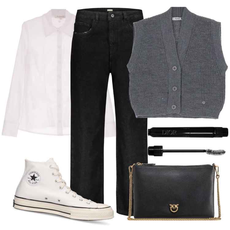 Outfit donna - università con le converse. Stile Basic per Scuola/Università. Abbinamento con mascara, borse a tracolla, gilet, camicie, jeans, sneakers.