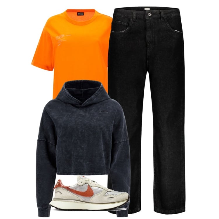 Outfit donna - Total look #1789962. Stile Sporty chic Abbinamento con t-shirt, felpe con cappuccio, jeans, sneakers.
