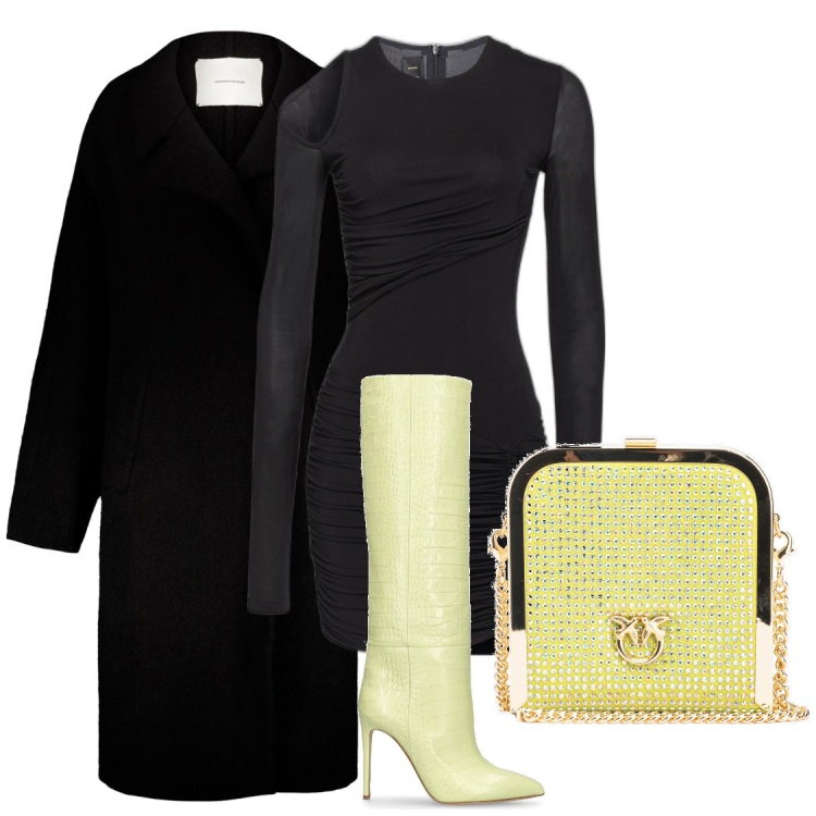 Outfit donna - Capodanno. Stile Glamour per Serata fuori. Abbinamento con vestiti corti, clutch, cappotti, stivali.