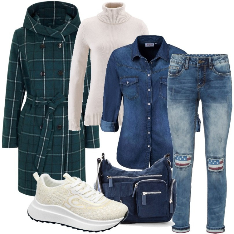 Outfit donna - maglione a collo alto con bordi a costi. Stile Casual per Scuola/Università. Abbinamento con camicie, borse a tracolla, cappotti, jeans skinny, maglieria, sneakers.