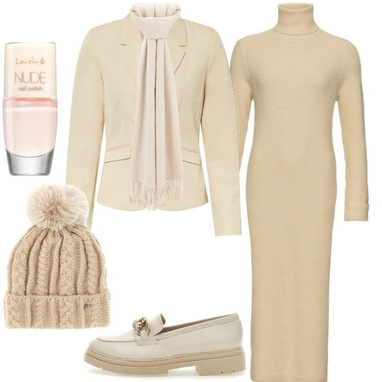 Outfit donna - Abito trendy in filato fine. Stile Casual per Tutti i giorni. Abbinamento con blazer, vestiti, smalti, sciarpe, mocassini, berretti.