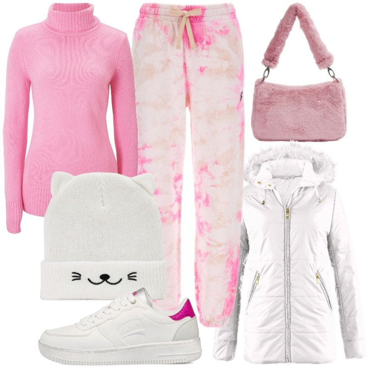 Outfit donna - Total look #1789996. Stile Casual per Tutti i giorni. Abbinamento con maglieria, giacche, berretti, borse a spalla, pantaloni sportivi, sneakers.