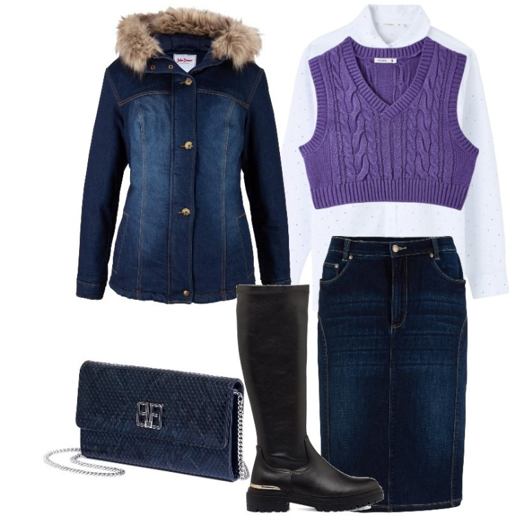 Outfit donna - Gonna in jeans effetto snellente. Stile Casual per Ufficio. Abbinamento con gonne, cappotti, camicie, maglieria, pochette, stivali.