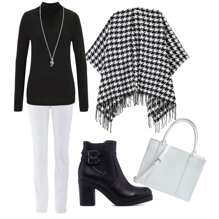 Outfit donna - Un deciso bianco e nero. Stile Casual chic per Tutti i giorni. Abbinamento con pantaloni, maglieria, cappe, shopping bag, stivaletti, ciondoli.