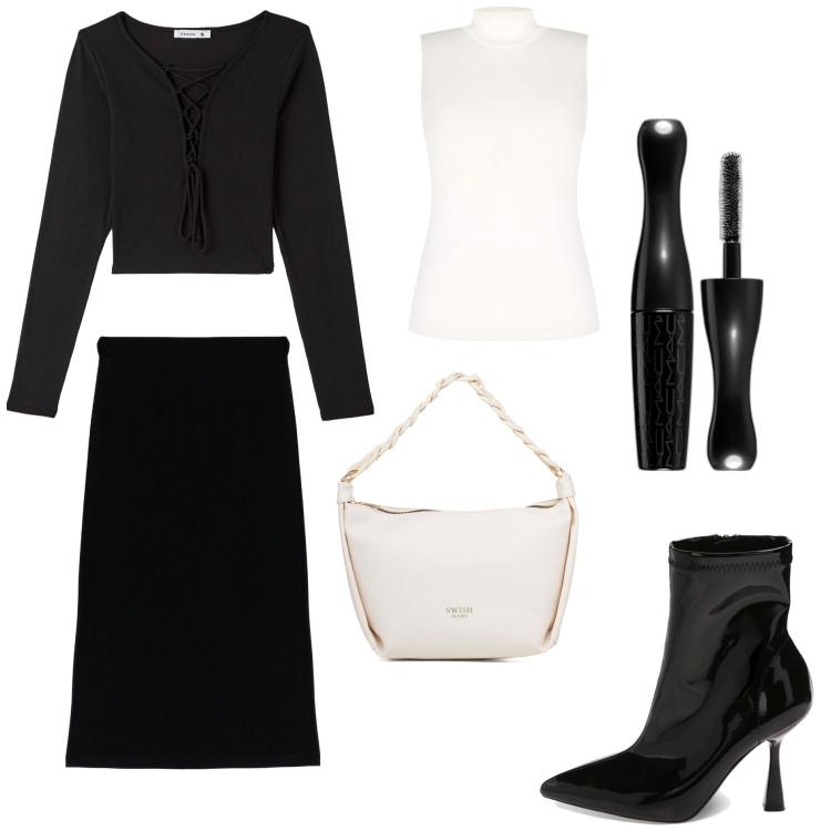 Outfit donna - Mood Black and White. Stile Trendy per Tutti i giorni. Abbinamento con mascara, t-shirt, top, stivaletti, borse a mano, gonne longuette.