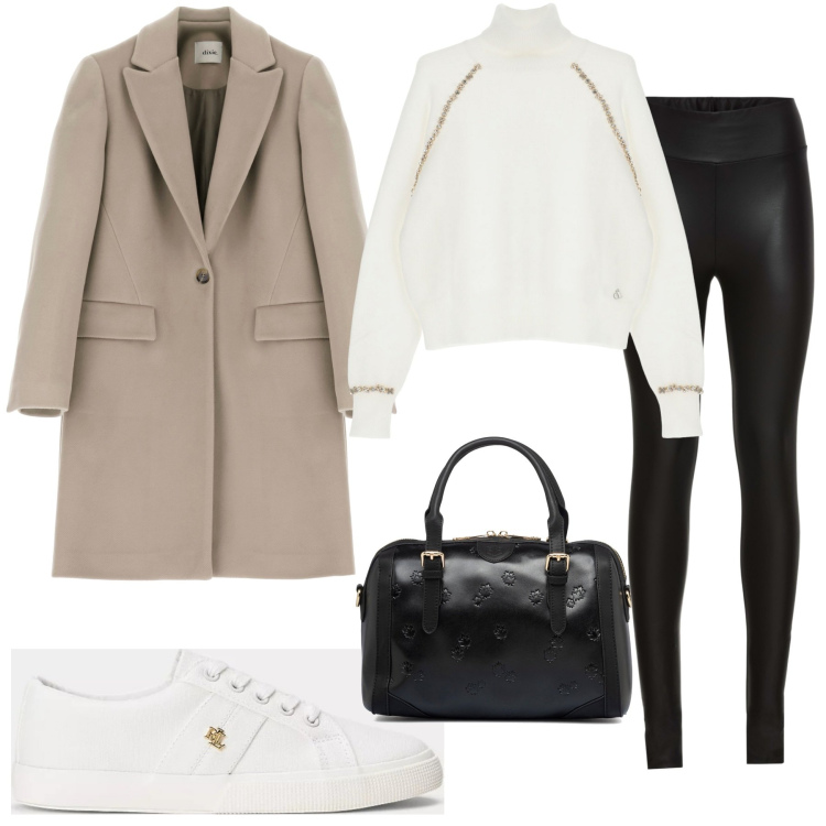 Outfit donna - Total look #1790015. Stile Casual chic per Tutti i giorni. Abbinamento con treggings, maglieria, cappotti, scarpe sportive, borse a mano.