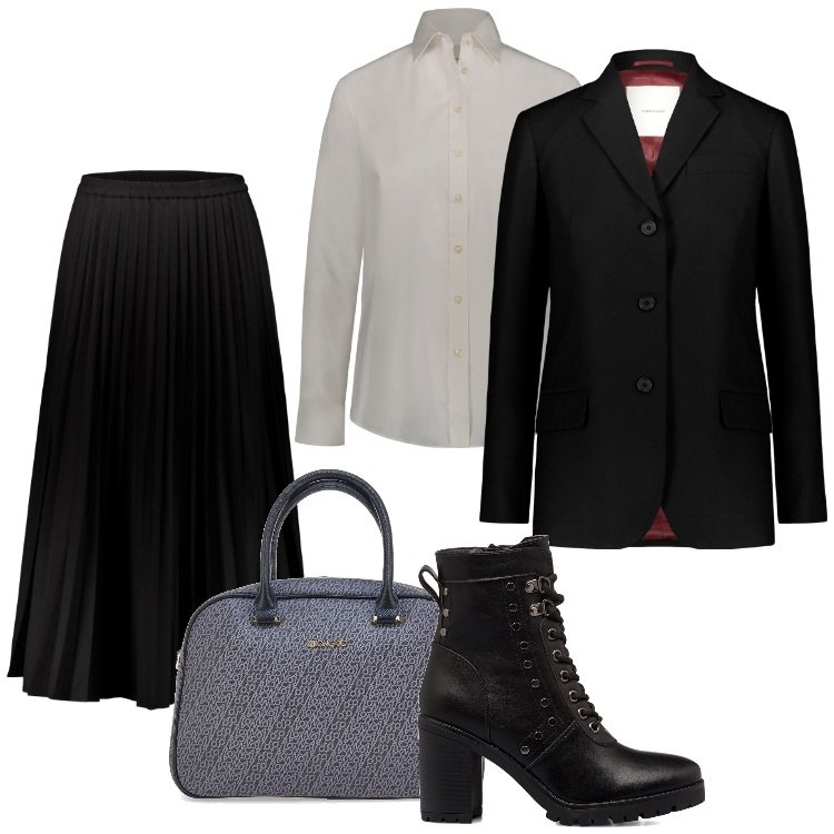 Outfit donna - business Fit-Gennaio. Stile Minimal per Ufficio. Abbinamento con anfibi, gonne lunghe, blazer, borse a mano, camicie.