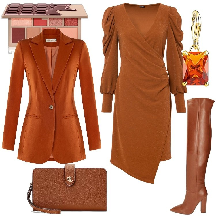 Outfit donna - Terracotta. Stile Chic per Serata fuori. Abbinamento con vestiti, ombretti, cappotti, stivali, pochette, ciondoli.