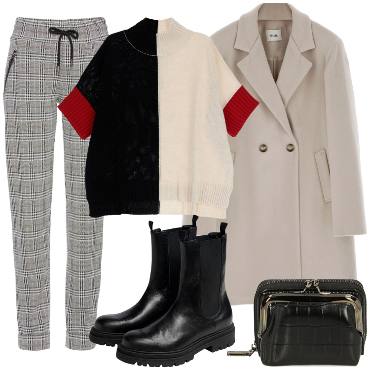 Outfit donna - Total look #1790049. Stile Casual per Tutti i giorni. Abbinamento con pantaloni, portamonete, maglieria, cappotti, stivaletti chelsea.