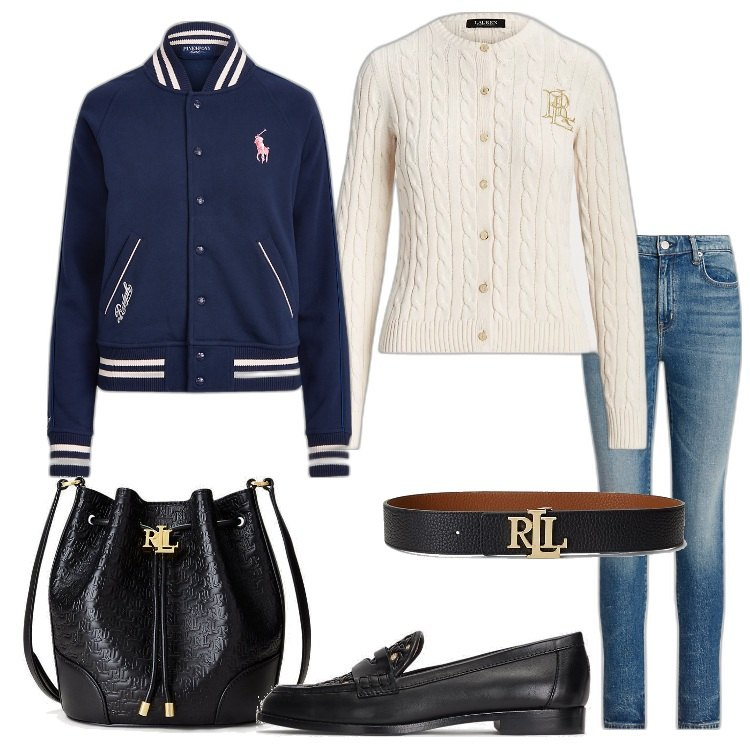 Outfit donna - Preppy by Ralph Lauren. Stile Preppy per Scuola/Università. Abbinamento con cinture, cardigans, borse a secchiello, jeans skinny, mocassini, cappotti.