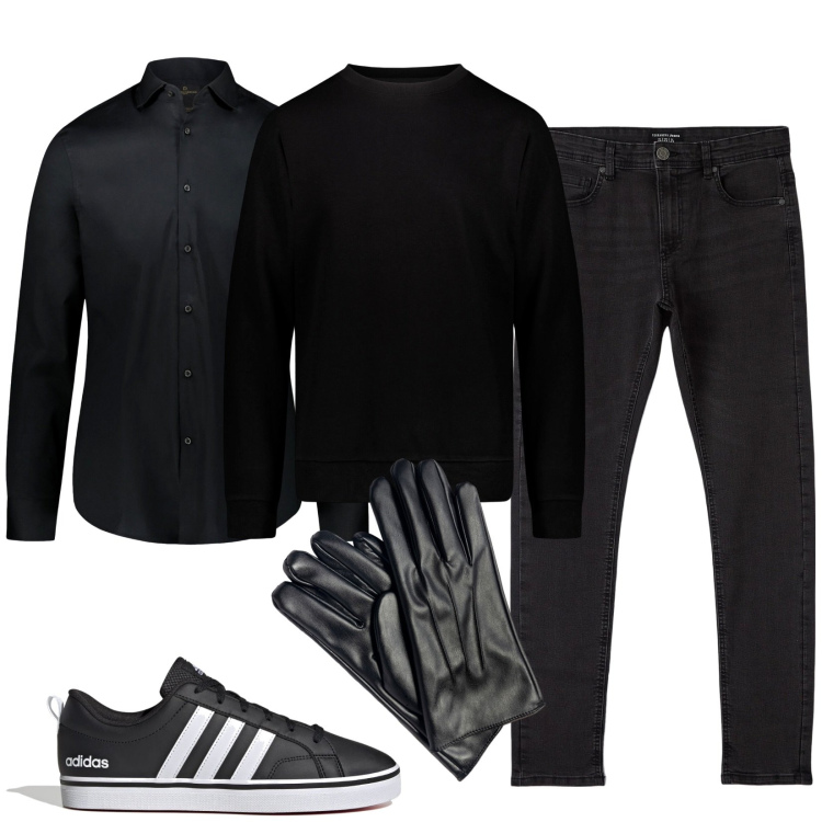 Outfit uomo - Man in black. Stile Casual per Tutti i giorni. Abbinamento con jeans skinny, sneakers, camicie, felpe sportive, guanti.