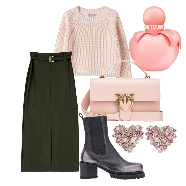 Outfit donna - Ghost outfitter - gennaio. Stile Casual chic per Tutti i giorni. Abbinamento con profumi, stivaletti chelsea, borse a tracolla, gonne lunghe, maglieria, orecchini.