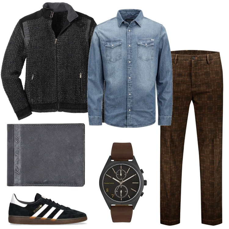 Outfit uomo - Total look #1790080. Stile Casual per Tutti i giorni. Abbinamento con cardigans, camicie, pantaloni, portafogli, sneakers, orologi analogici.