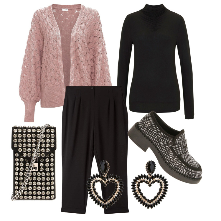 Outfit donna - Ghost outfitter - gennaio. Stile Glamour per Serata fuori. Abbinamento con cardigans, maglieria, pantaloni chino, mocassini, borse a spalla, orecchini.