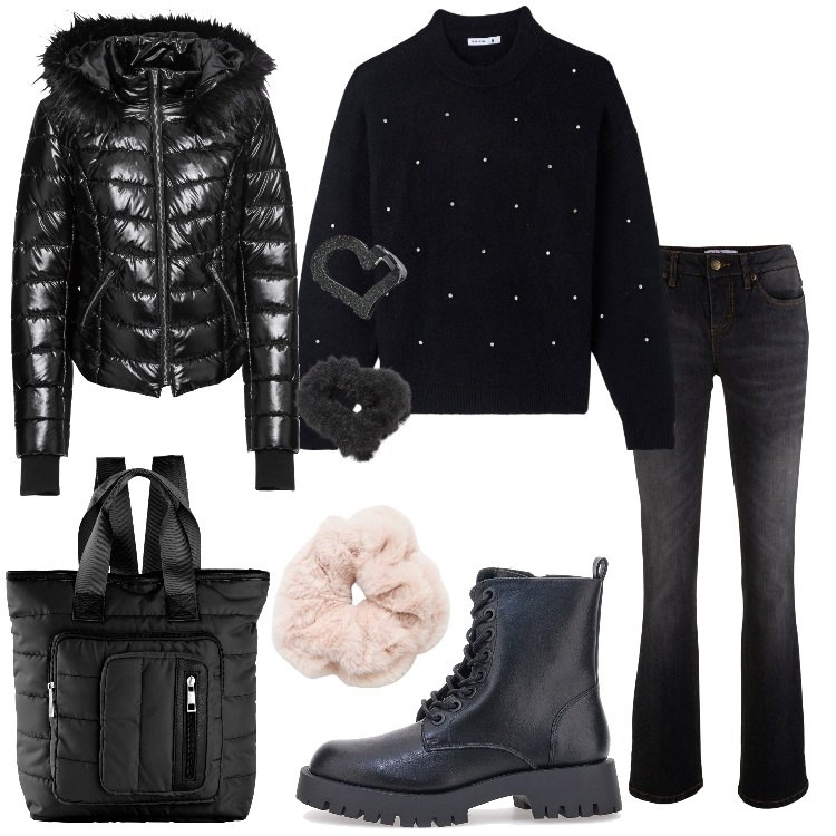 Outfit donna - Total black. Stile Rock per Tutti i giorni. Abbinamento con jeans bootcut, zaini, cappotti, maglieria, accessori per capelli, anfibi.