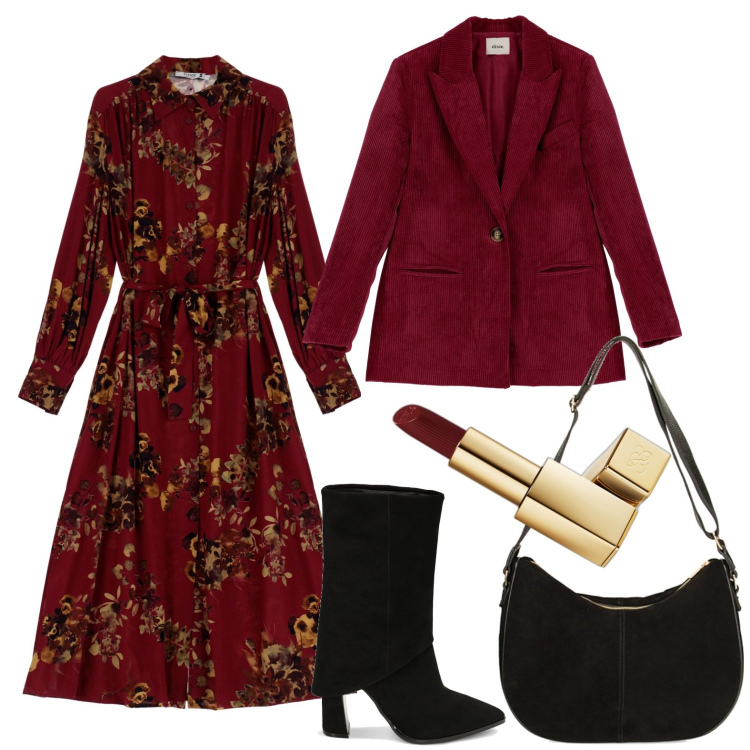 Outfit donna - Abito floreale e blazer bordeaux. Stile Chic per Ufficio. Abbinamento con rossetti, vestiti midi/longuette, borse a spalla, stivaletti, cappotti.