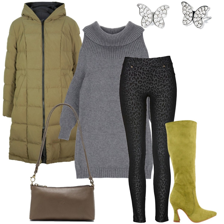 Outfit donna - Il leggins animalier. Stile Trendy per Serata fuori. Abbinamento con jeggings, cappotti, orecchini, maglieria, stivali, borse a spalla.