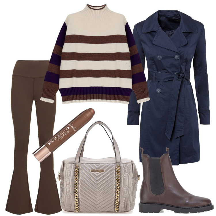 Outfit donna - Inizio anno in blu e marrone. Stile Casual per Tutti i giorni. Abbinamento con trench, ombretti, maglieria, pantaloni, borse a mano, stivaletti chelsea.