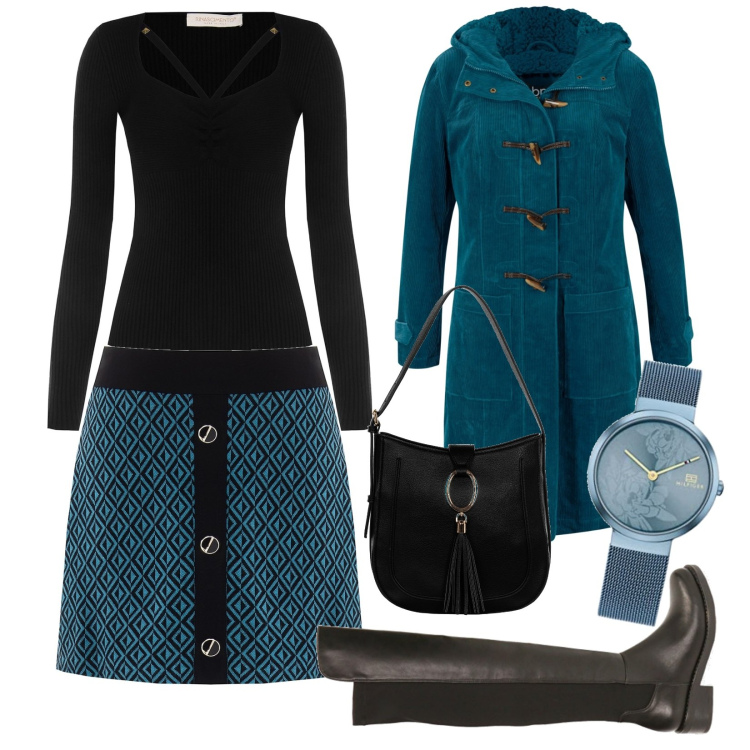 Outfit donna - Ottanio. Stile Casual per Tutti i giorni. Abbinamento con montgomery, minigonne, borse a spalla, maglieria, stivali sopra il ginocchio, orologi analogici.